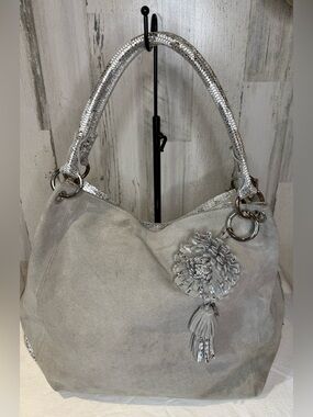 Celine Dion Gray Suede Shoulder Bag with Metallic Snake Trim Y2K